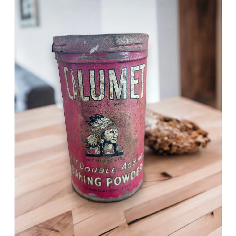 Rare Tin Antique Chippy Advertising Calumet Baking Powder Chippy Red Aged Patina